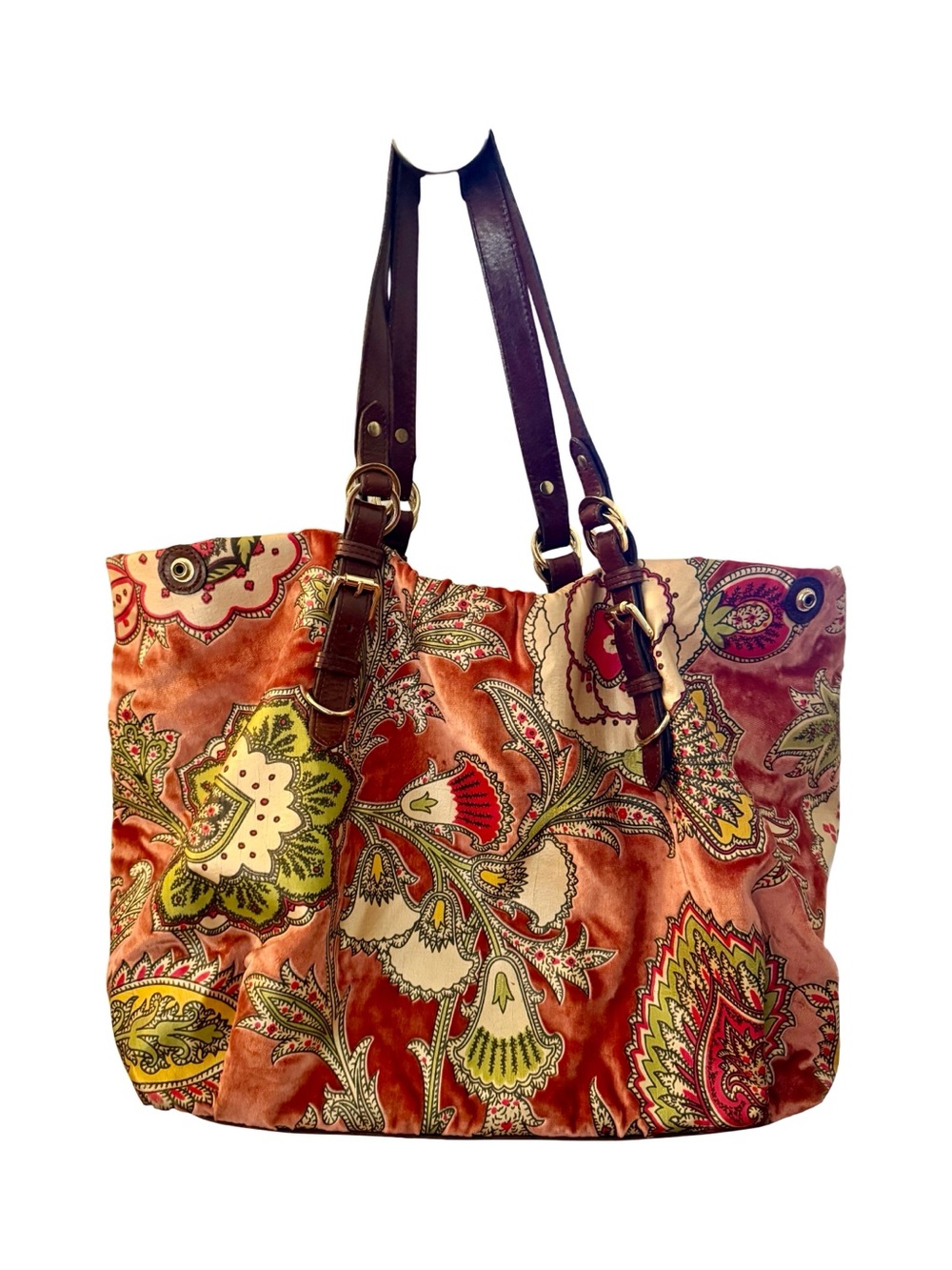 Glenda Gies Velvet Floral Bag with Brown Leather Straps Weekend Carpet Bag
